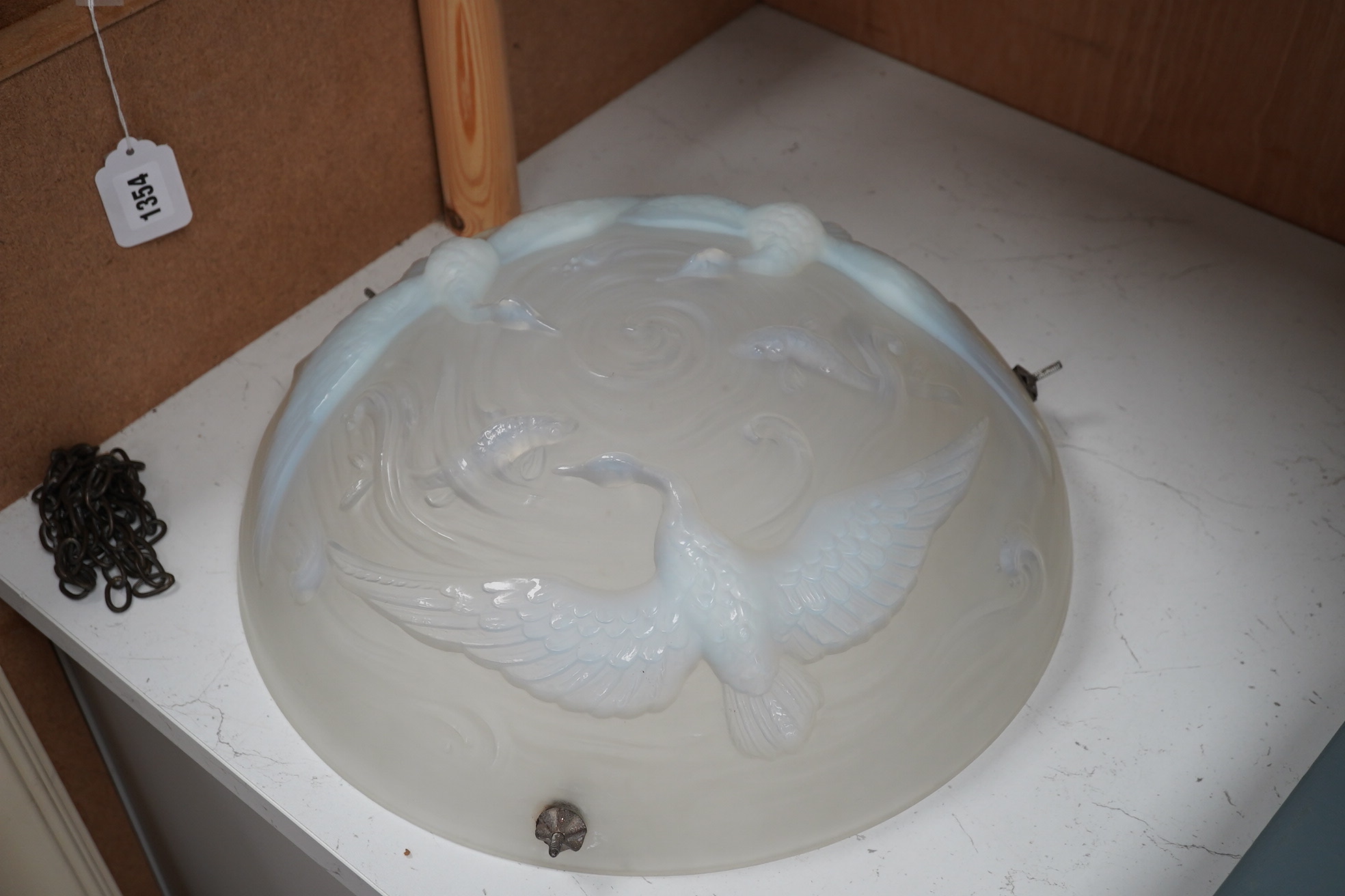 A Lalique style glass plaffonier, decorated with birds and fish, 39cm diameter. Condition - good